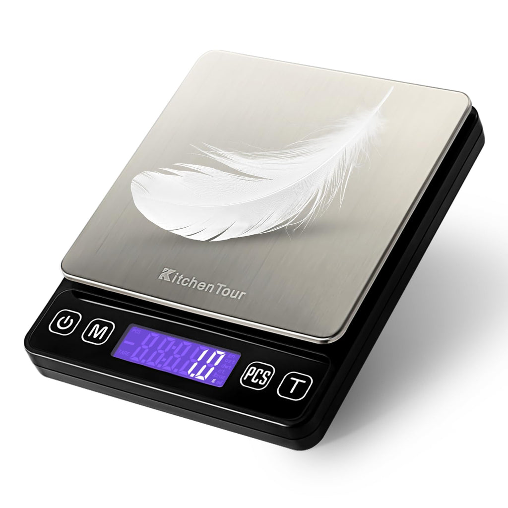 KitchenTour Digital Kitchen Gram Scale - 500g/0.01g - High Accuracy Precision Food Scale - Meat Scale with Back-Lit LCD Display(Batteries Included)-Black