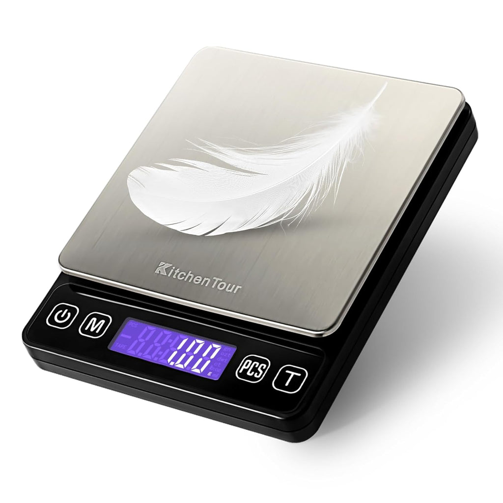 KitchenTour Digital Kitchen Gram Scale - 500g/0.01g - High Accuracy Precision Food Scale - Meat Scale with Back-Lit LCD Display(Batteries Included)-Black