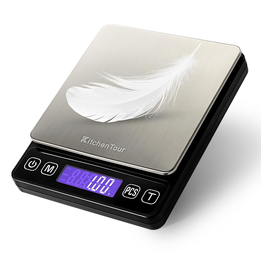 KitchenTour Digital Kitchen Gram Scale - 500g/0.01g - High Accuracy Precision Food Scale - Meat Scale with Back-Lit LCD Display(Batteries Included)-Black