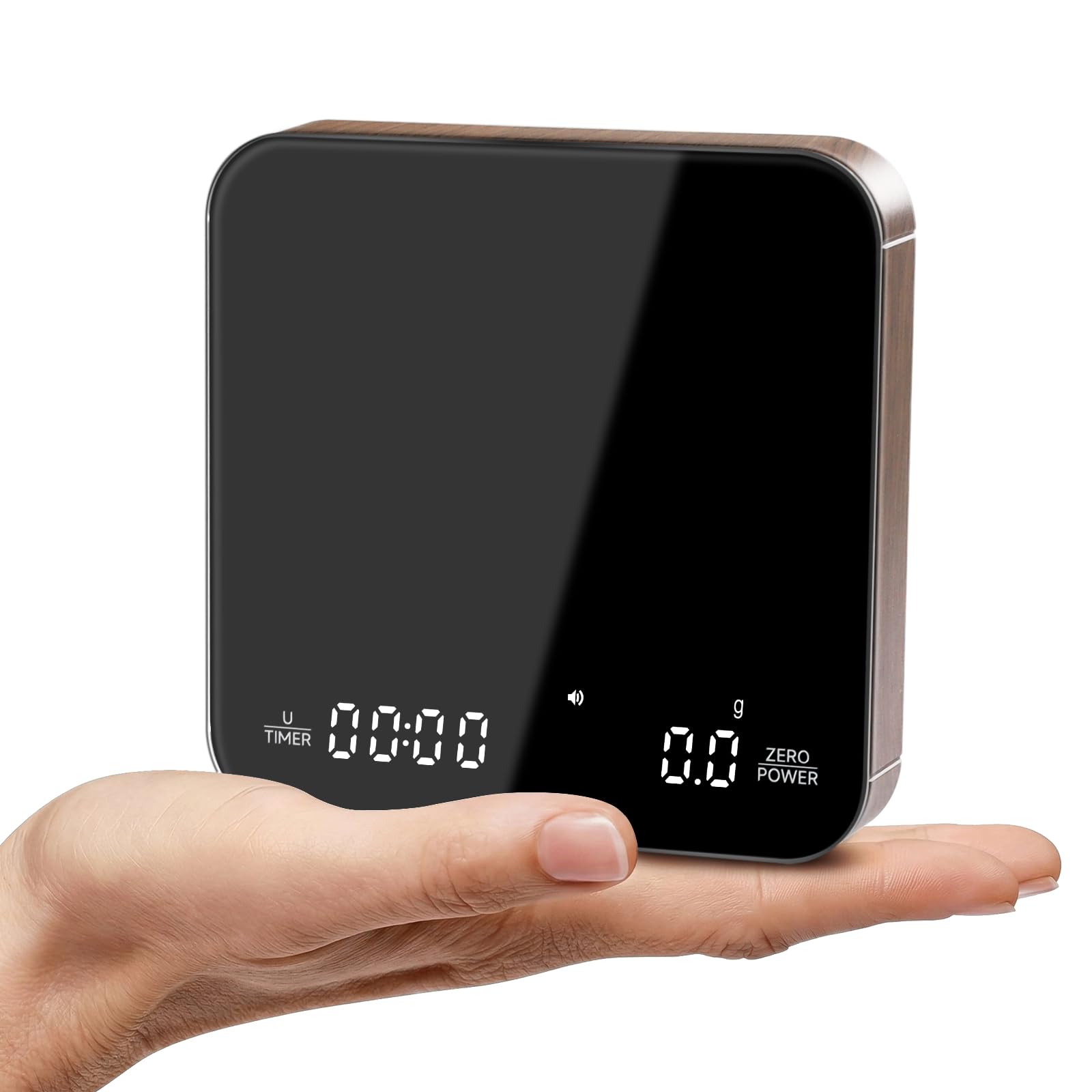KitchenTour CaféMetric Coffee Scale with Timer 0.1g/2000g - Precision Small Scale for Espresso & Pour Over - Mini Scale with LED Display Recharge Wood