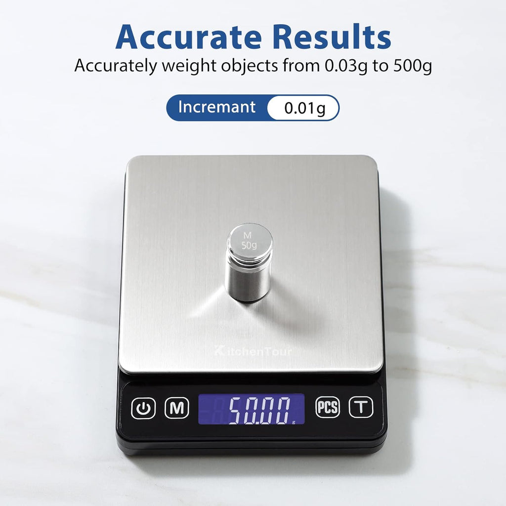 KitchenTour Digital Kitchen Gram Scale - 500g/0.01g - High Accuracy Precision Food Scale - Meat Scale with Back-Lit LCD Display(Batteries Included)-Black
