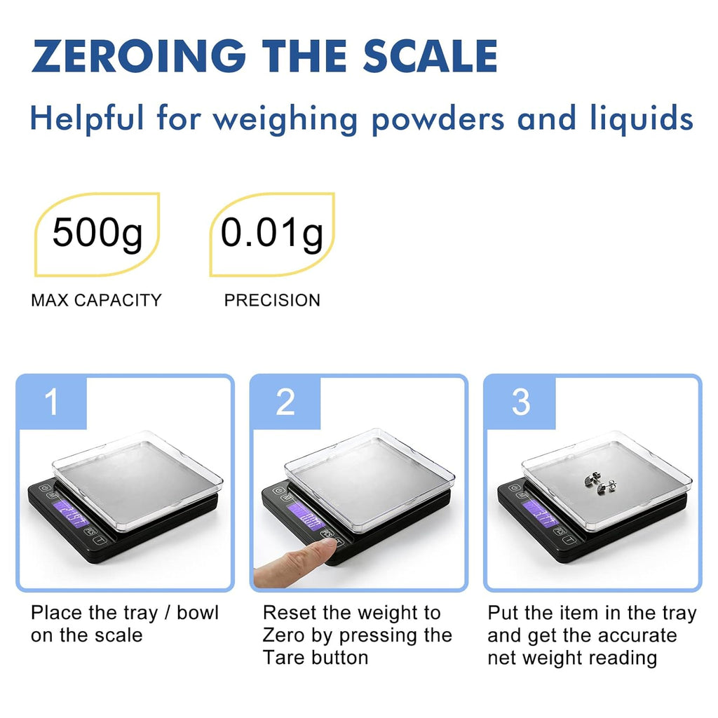 KitchenTour Digital Kitchen Gram Scale - 500g/0.01g - High Accuracy Precision Food Scale - Meat Scale with Back-Lit LCD Display(Batteries Included)-Black