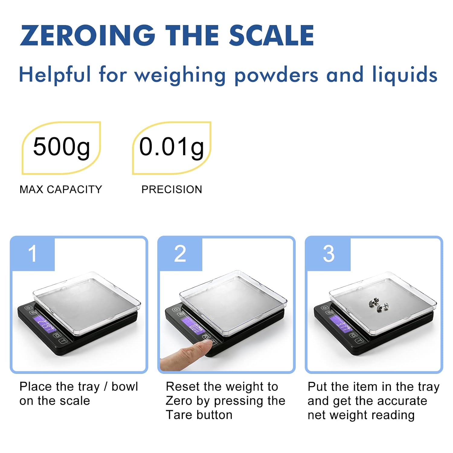 KitchenTour Digital Kitchen Gram Scale - 500g/0.01g - High Accuracy Precision Food Scale - Meat Scale with Back-Lit LCD Display(Batteries Included)-Black