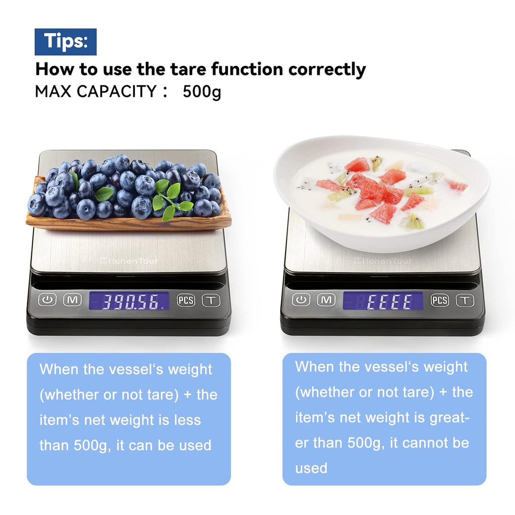 KitchenTour Digital Kitchen Gram Scale - 500g/0.01g - High Accuracy Precision Food Scale - Meat Scale with Back-Lit LCD Display(Batteries Included)-Black