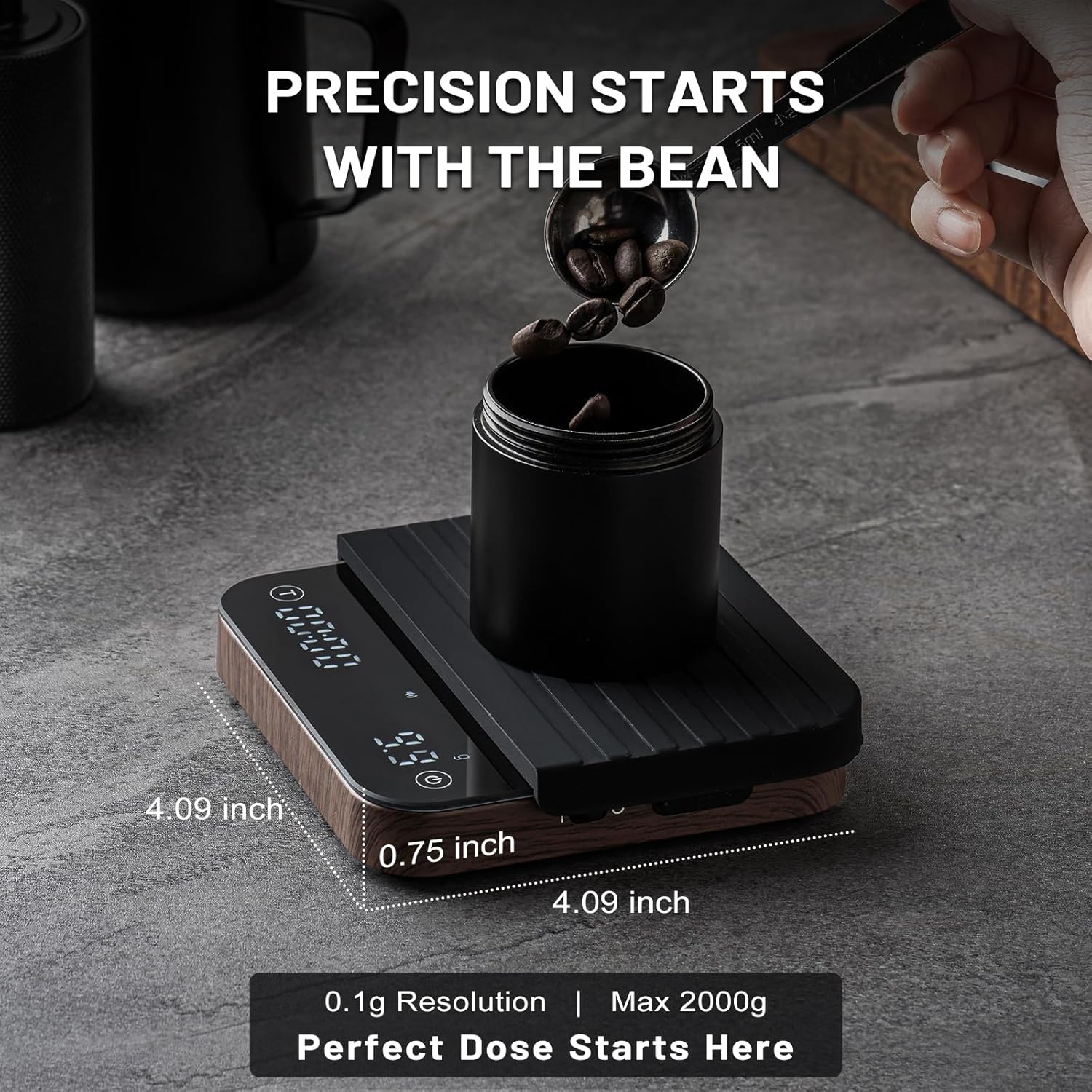 KitchenTour CaféMetric Coffee Scale with Timer 0.1g/2000g - Precision Small Scale for Espresso & Pour Over - Mini Scale with LED Display Recharge Wood