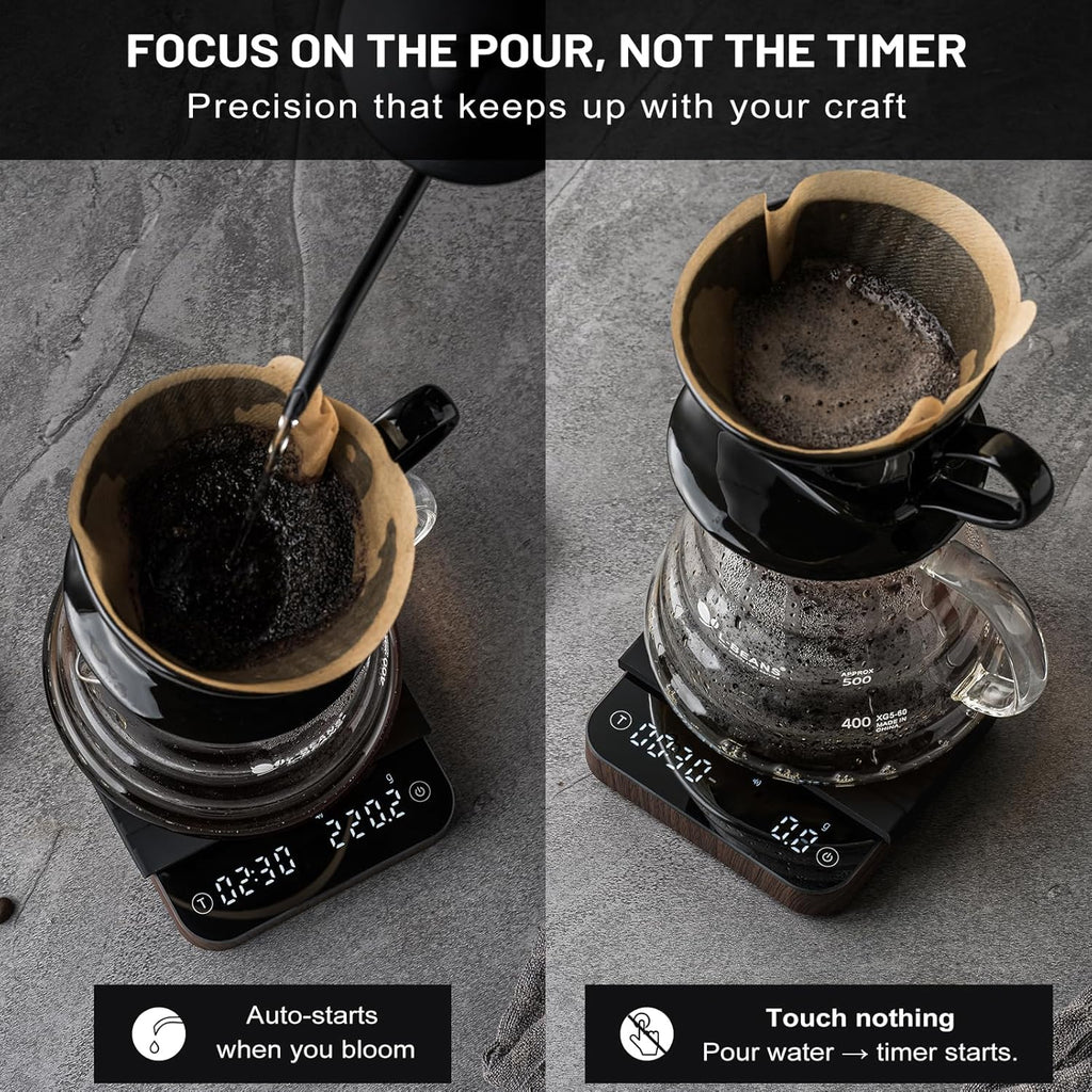 KitchenTour CaféMetric Coffee Scale with Timer 0.1g/2000g - Precision Small Scale for Espresso & Pour Over - Mini Scale with LED Display Recharge Wood