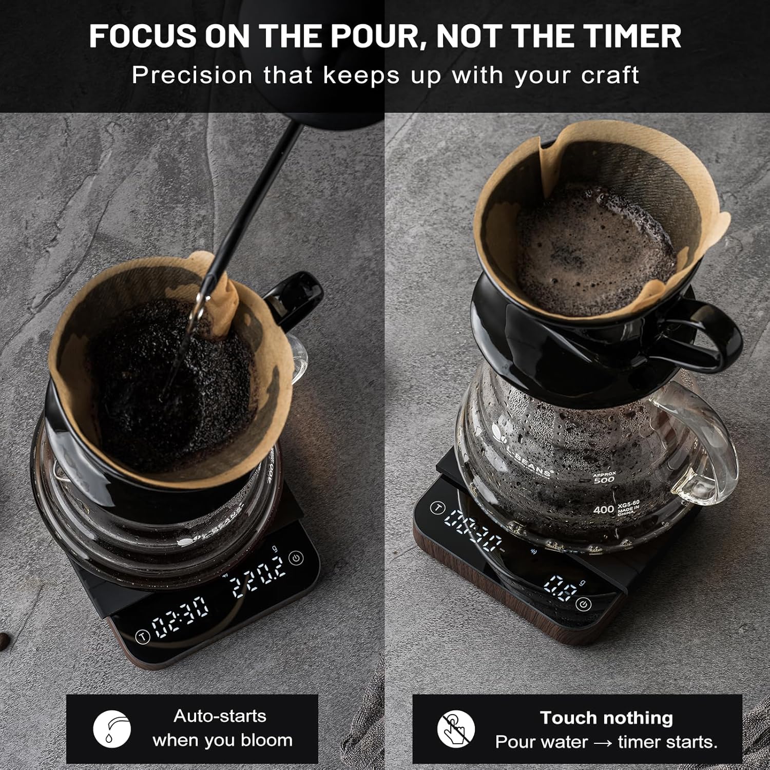 KitchenTour CaféMetric Coffee Scale with Timer 0.1g/2000g - Precision Small Scale for Espresso & Pour Over - Mini Scale with LED Display Recharge Wood